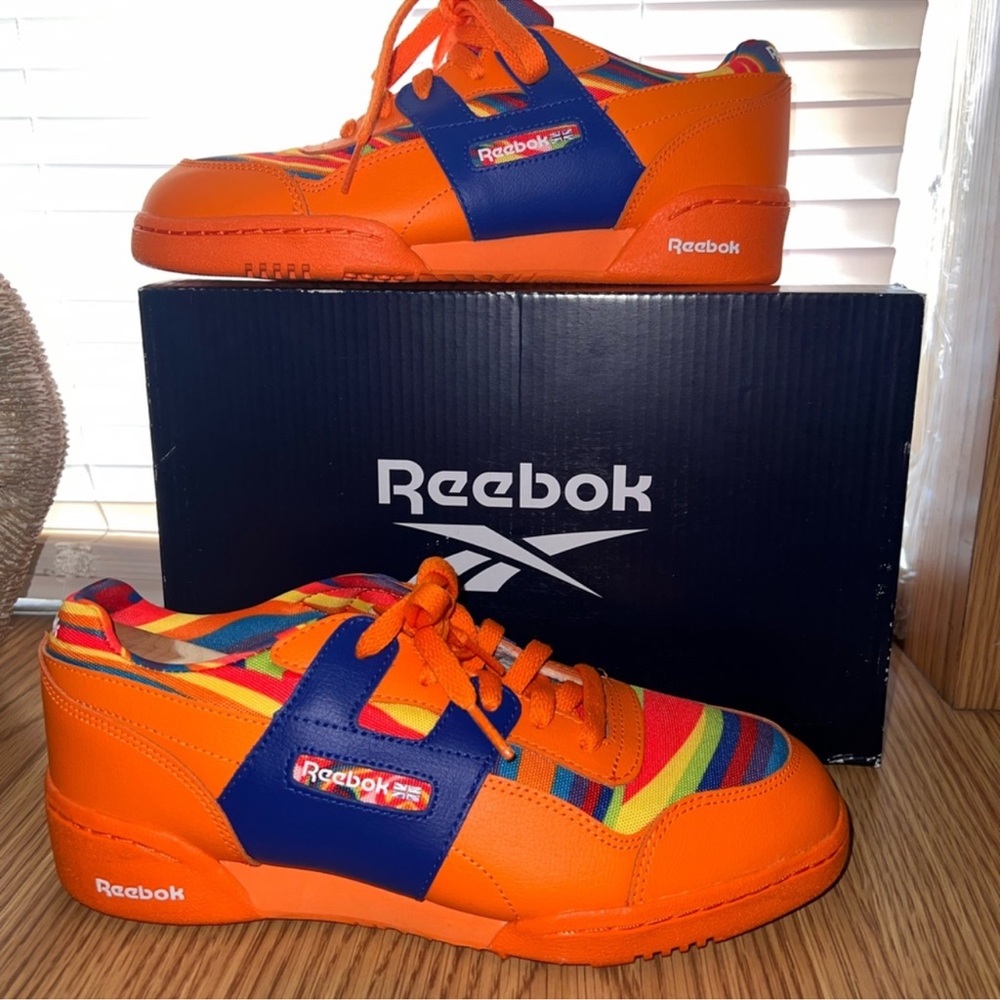 NIB Reebok Workout Plus Pride Edition Sneakers Orange Multicolor Stripes